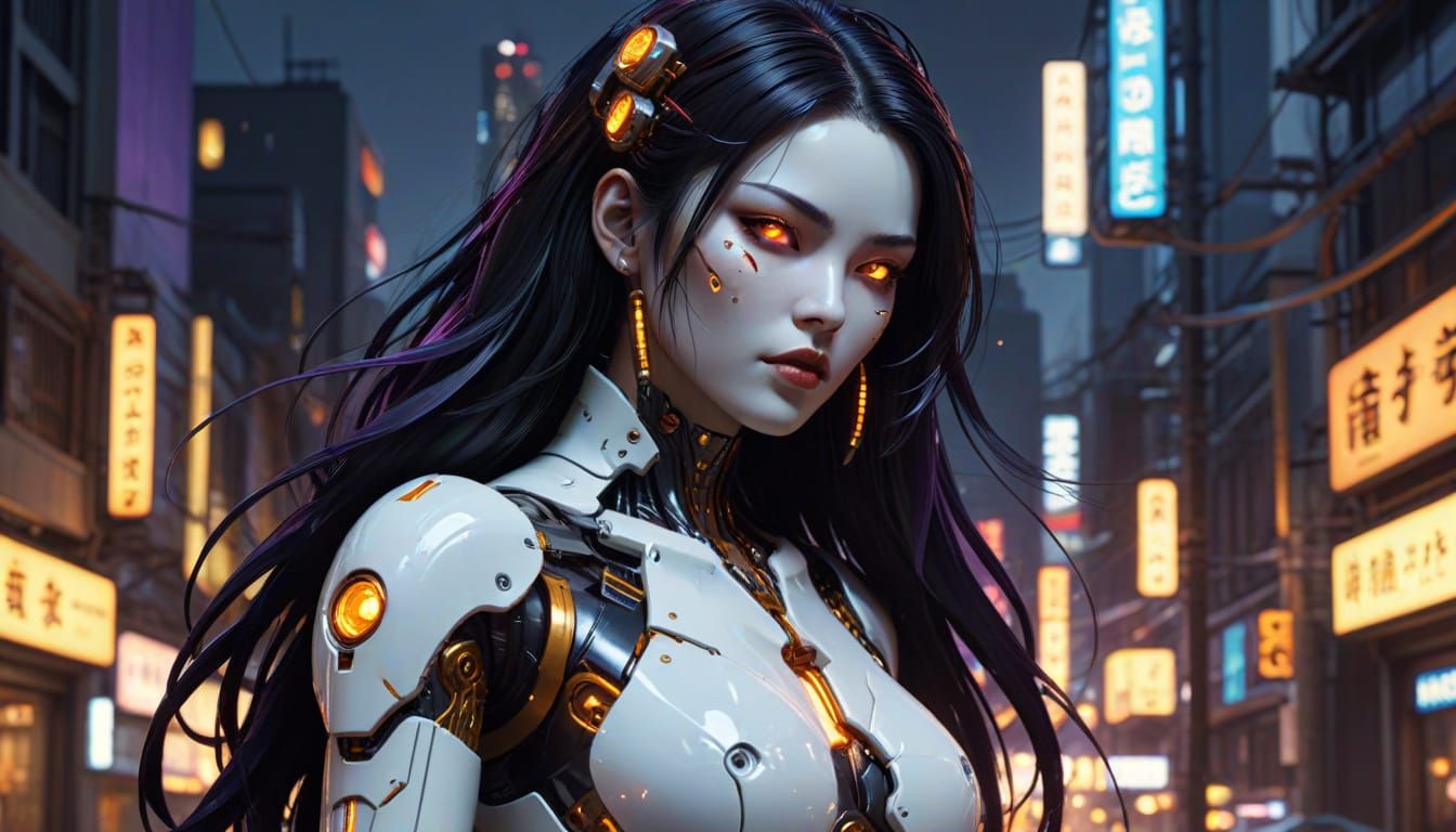 Japanese Gynoid in Cyberpunk City, Dark Fantasy Style