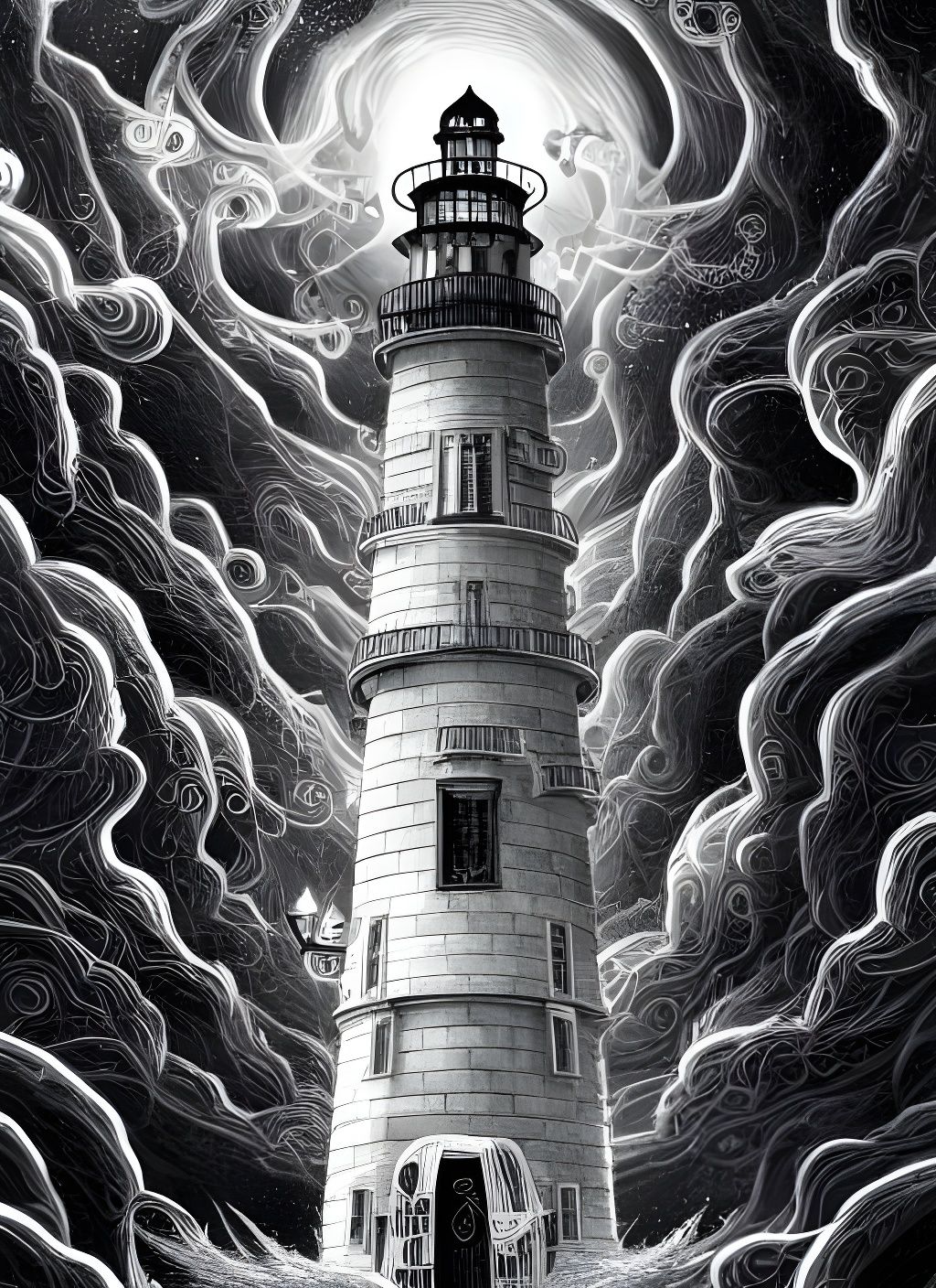 Lovecraftian Lighthouse Ink Illustration in Dark Style