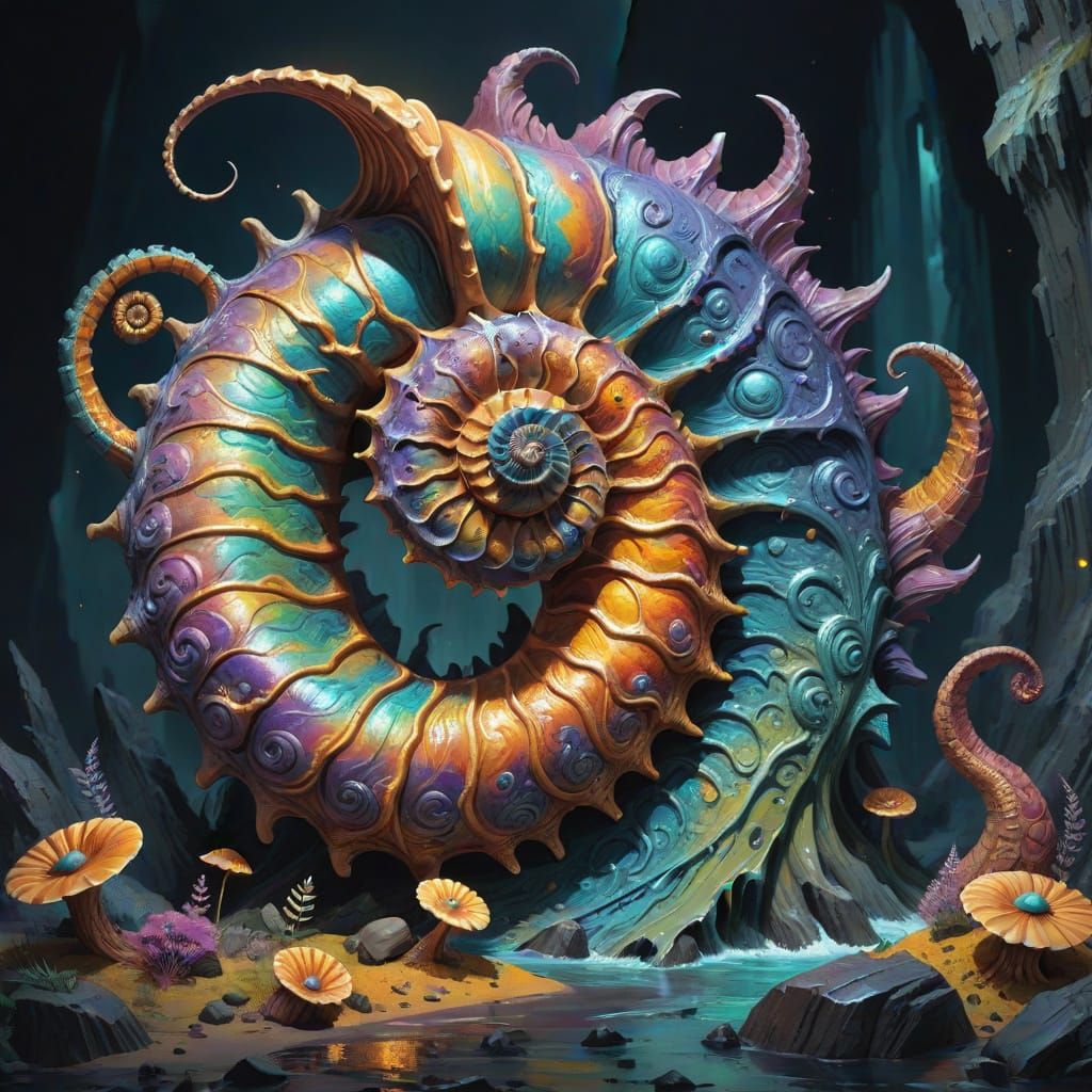 Cinematic Ammonite Monster in Vibrant Gradient Background