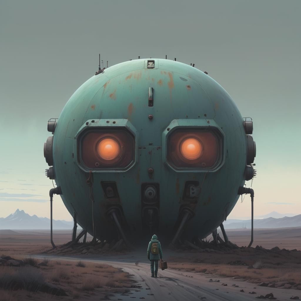 Art by Simon Stålenhag, lone wanderer, navigating a barren w...