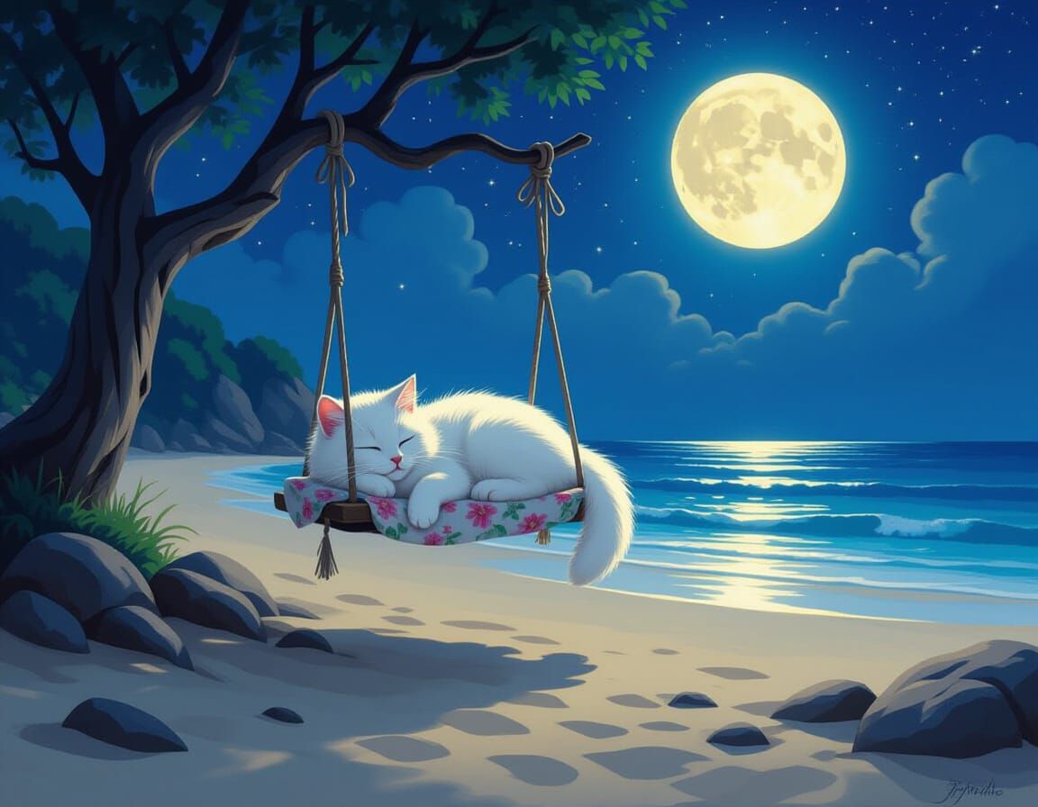 Kitty's Dreamy Beach Nap in Impressionistic Style