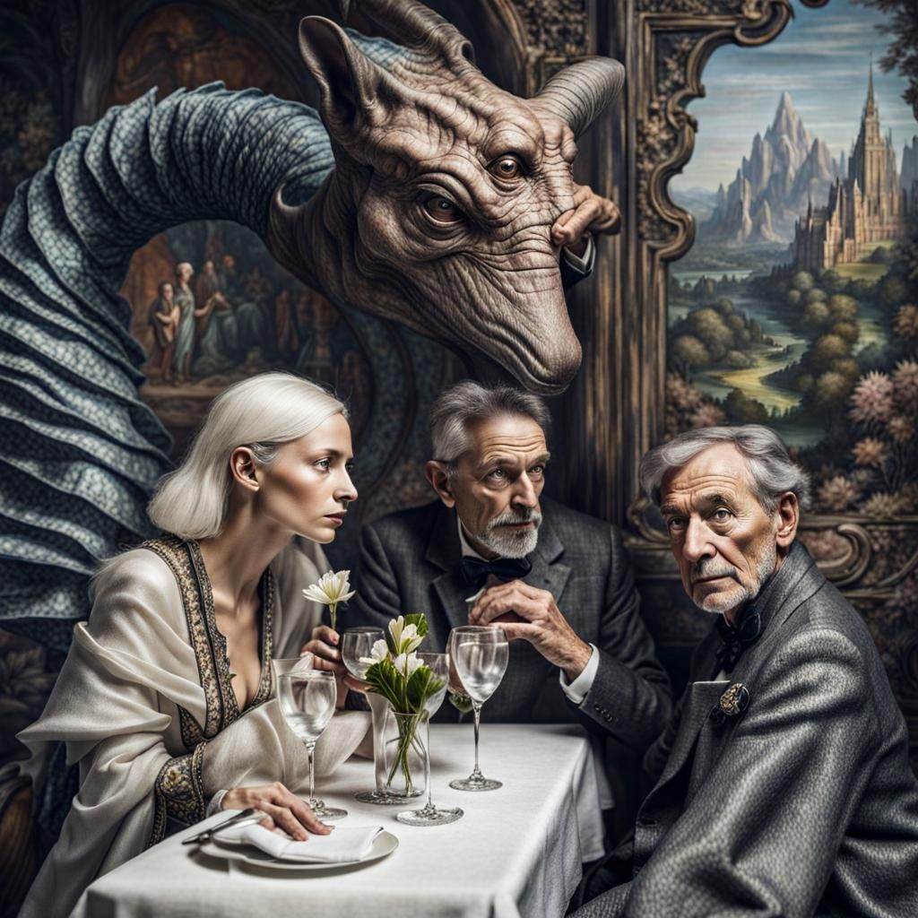 Surreal Restaurant Scene with Elegant Aliens