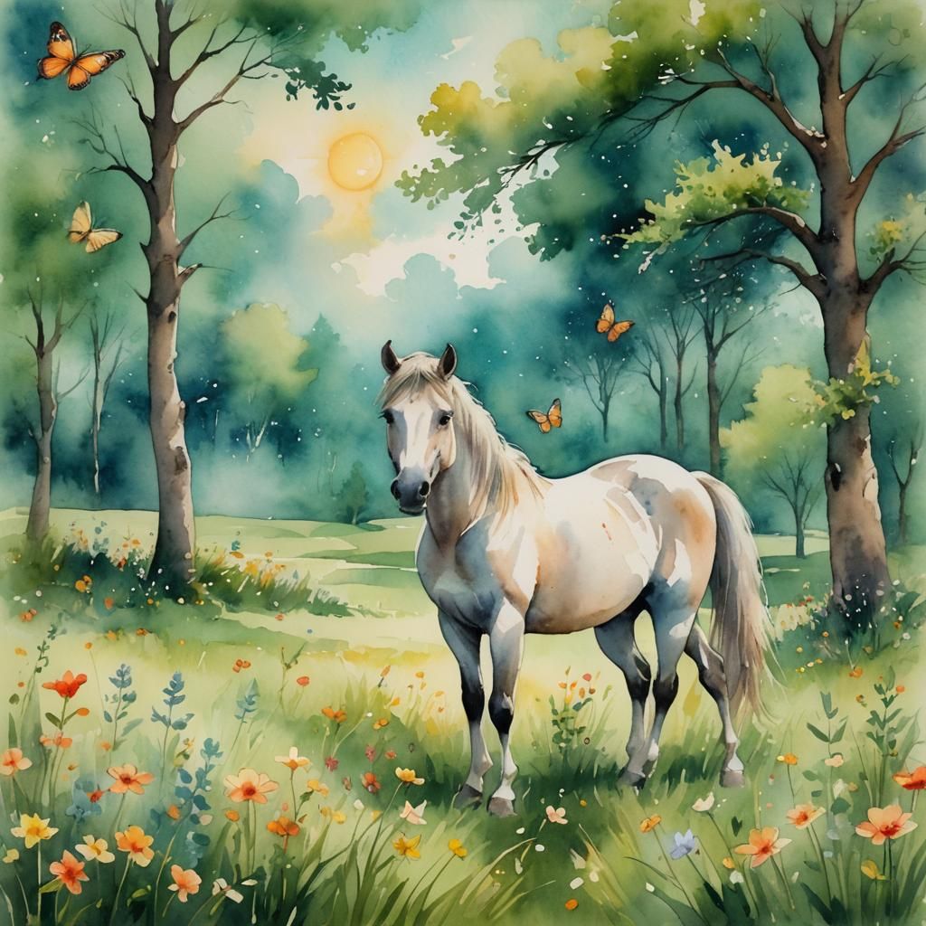 Whimsical Watercolor of Horse in Sunny Meadow