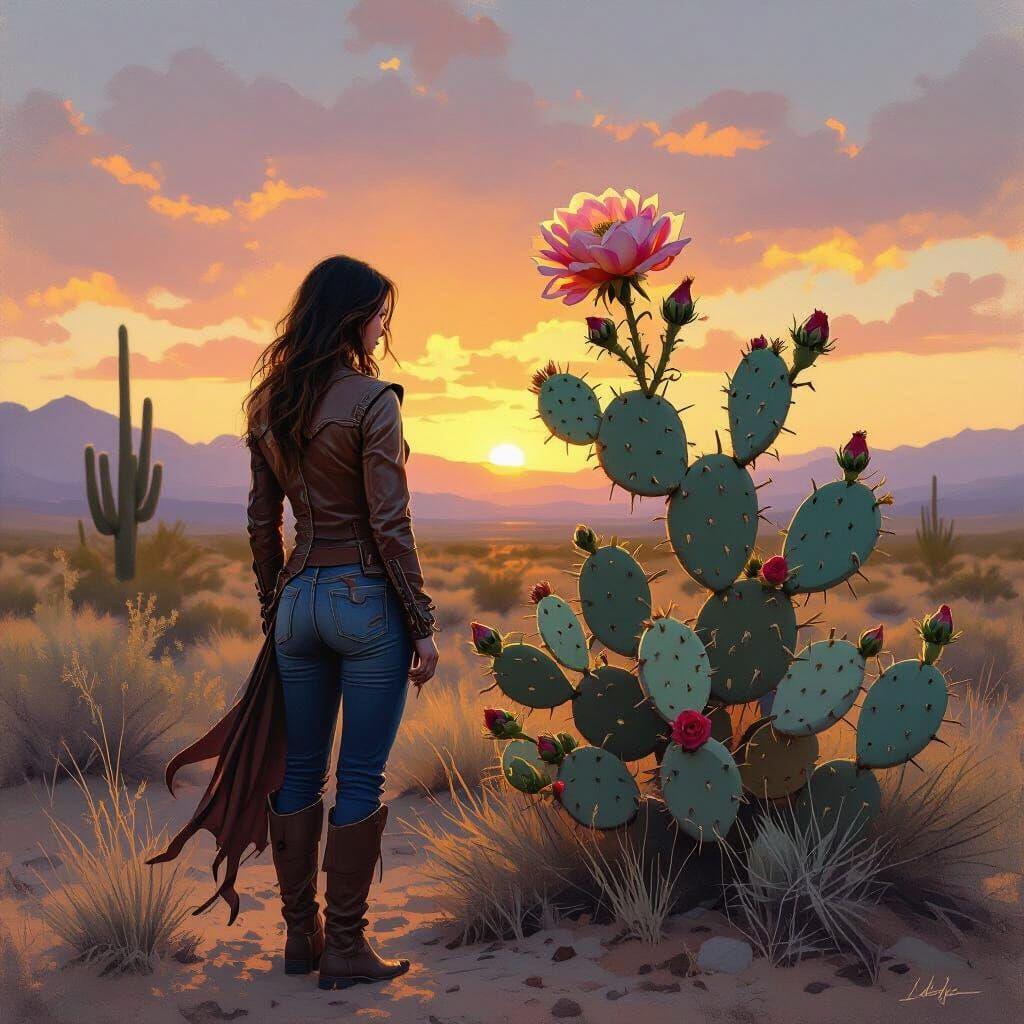 Desert Bloom: Woman and Cactus Rose Painting