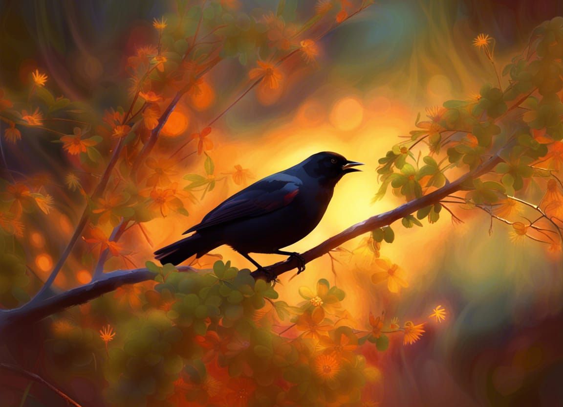 Blackbird on Willow Branch in Impressionistic Style