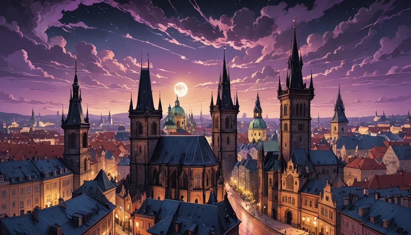 Prague Cityscape at Night in Digital Comic Art