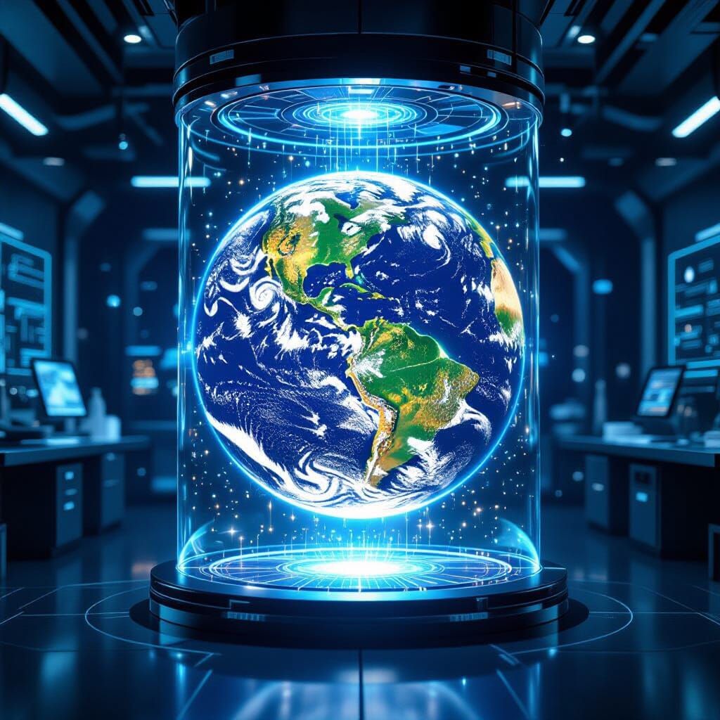 Earth Globe in Energy Field in Sci-Fi Lab