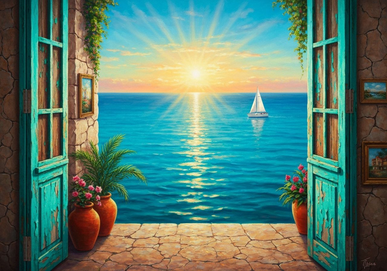 Turquoise Sea Through Weathered Doors: Impasto Painting