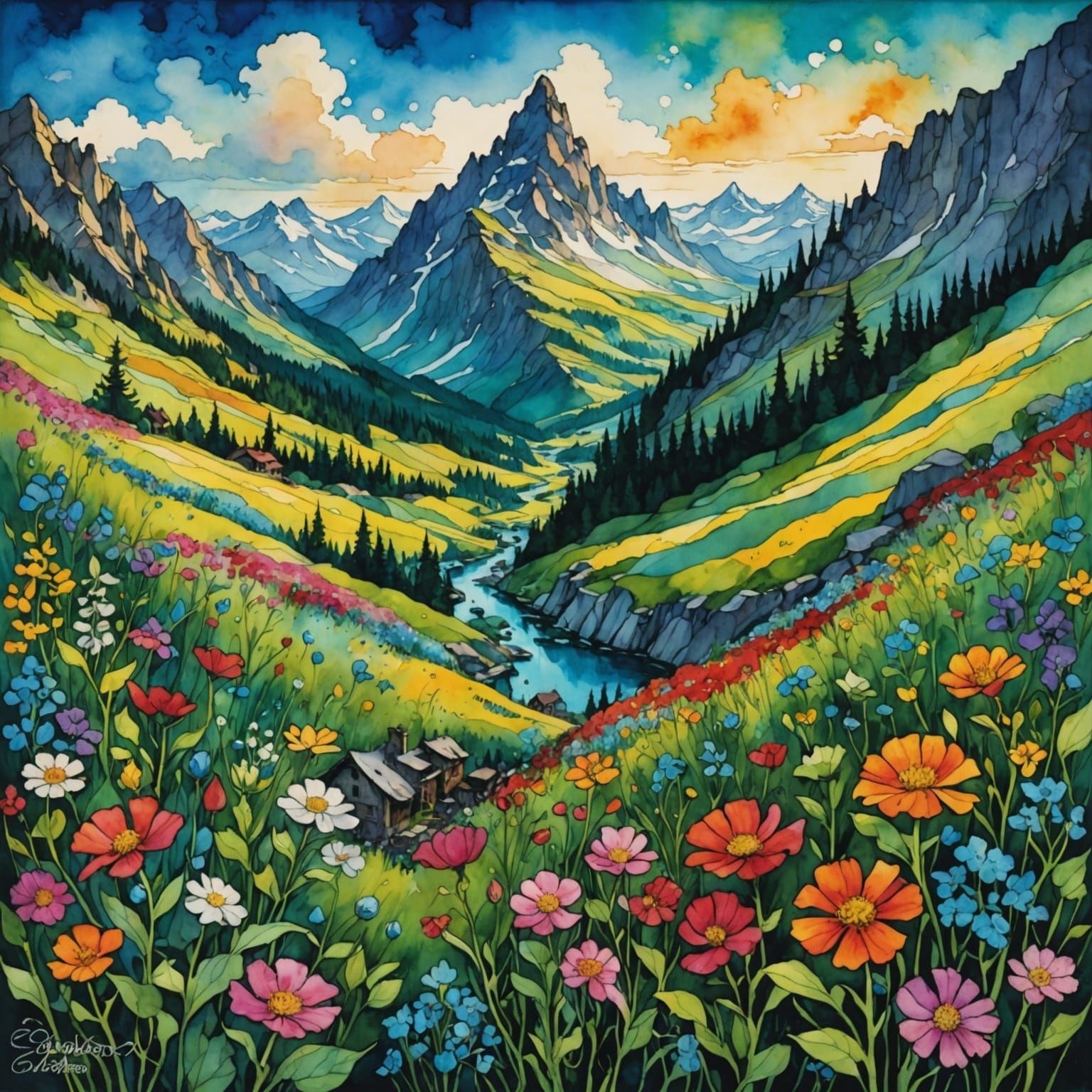 Fantasy Mountain Landscape in Alcohol Ink Style