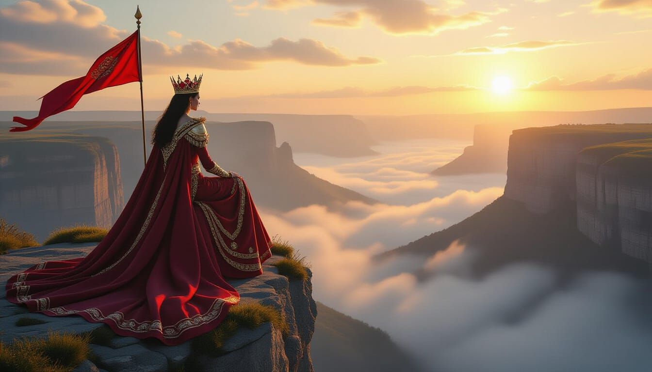 Majestic Queen Overlooks Valley at Sunset: Hyperrealistic Ar...