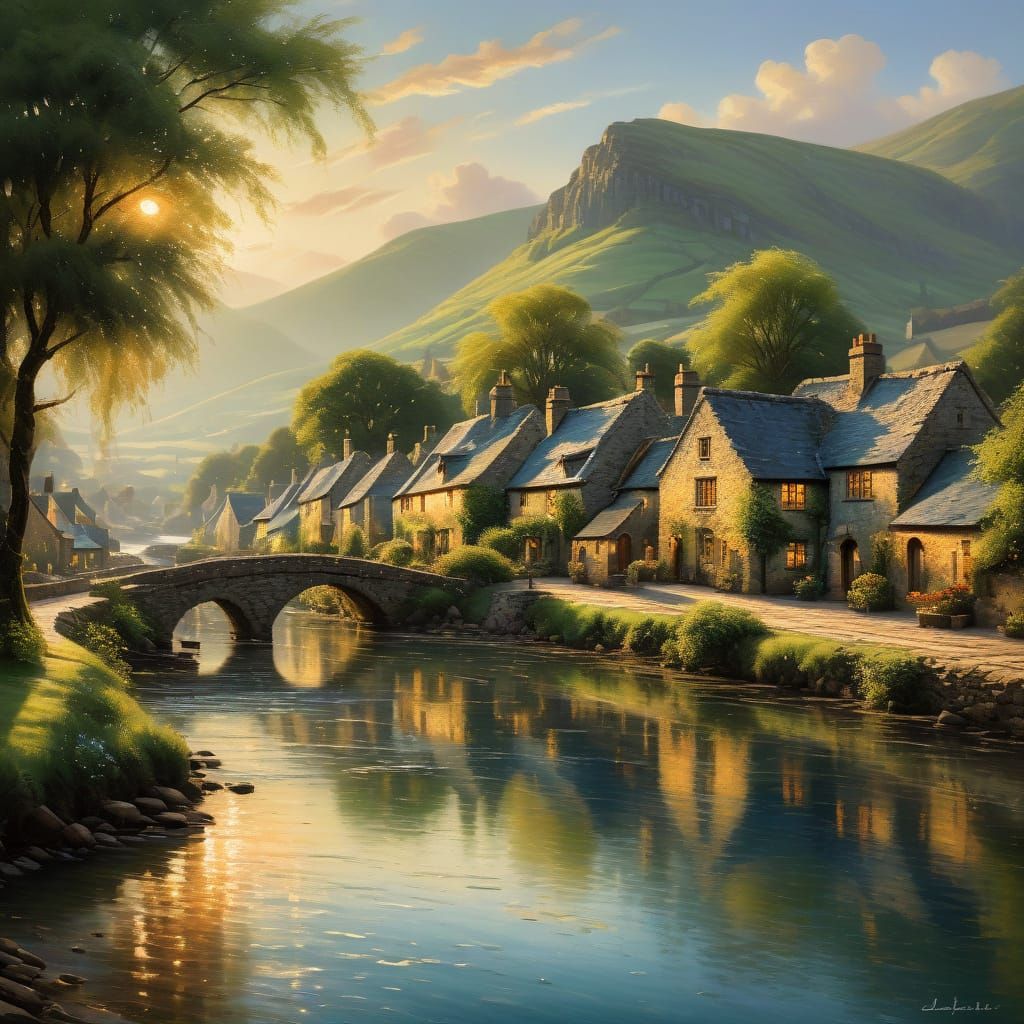 Peaceful English Village by River in Golden Hour Light