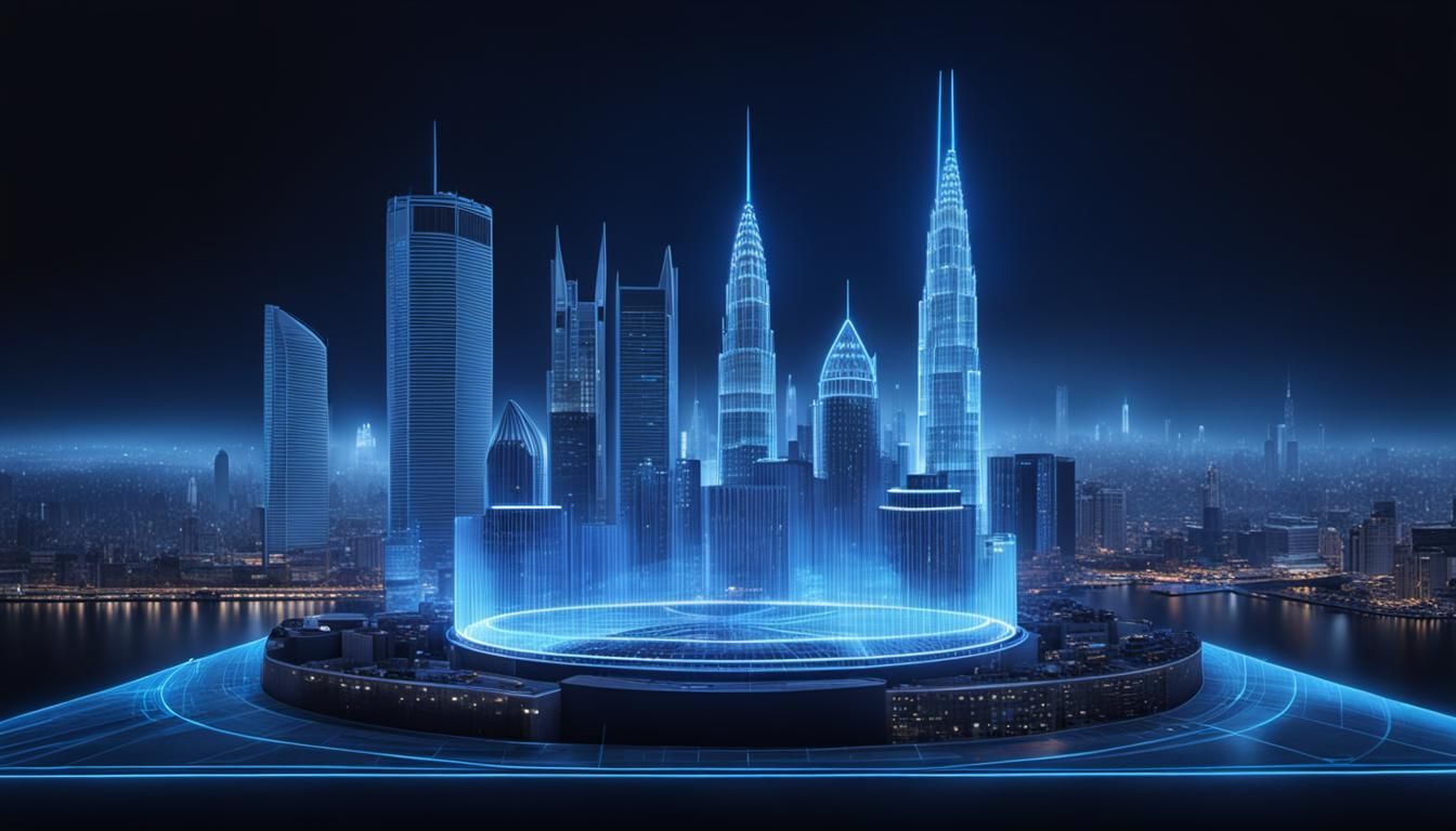Futuristic City: Blue Holographic Blueprint Projection