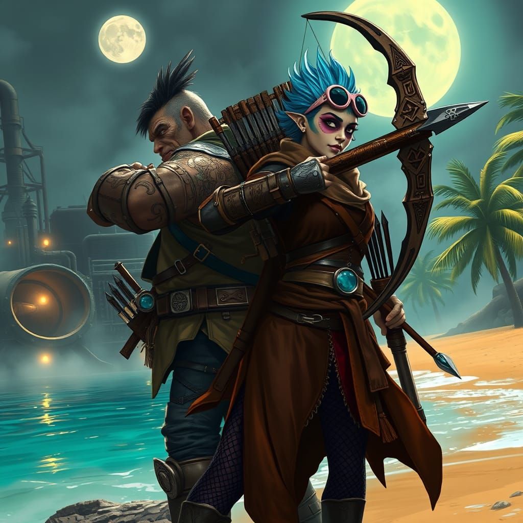 Rogue Archer: A rogue archer takes aim with her intricately designed bow against a moonlit night backdrop. The Celtic ru...