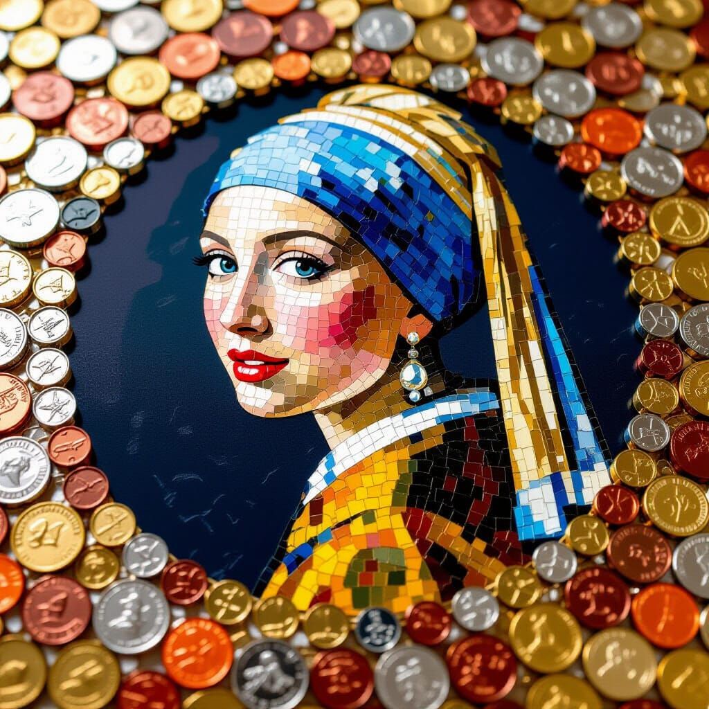 Girl with Pearl Earring Made of Coins