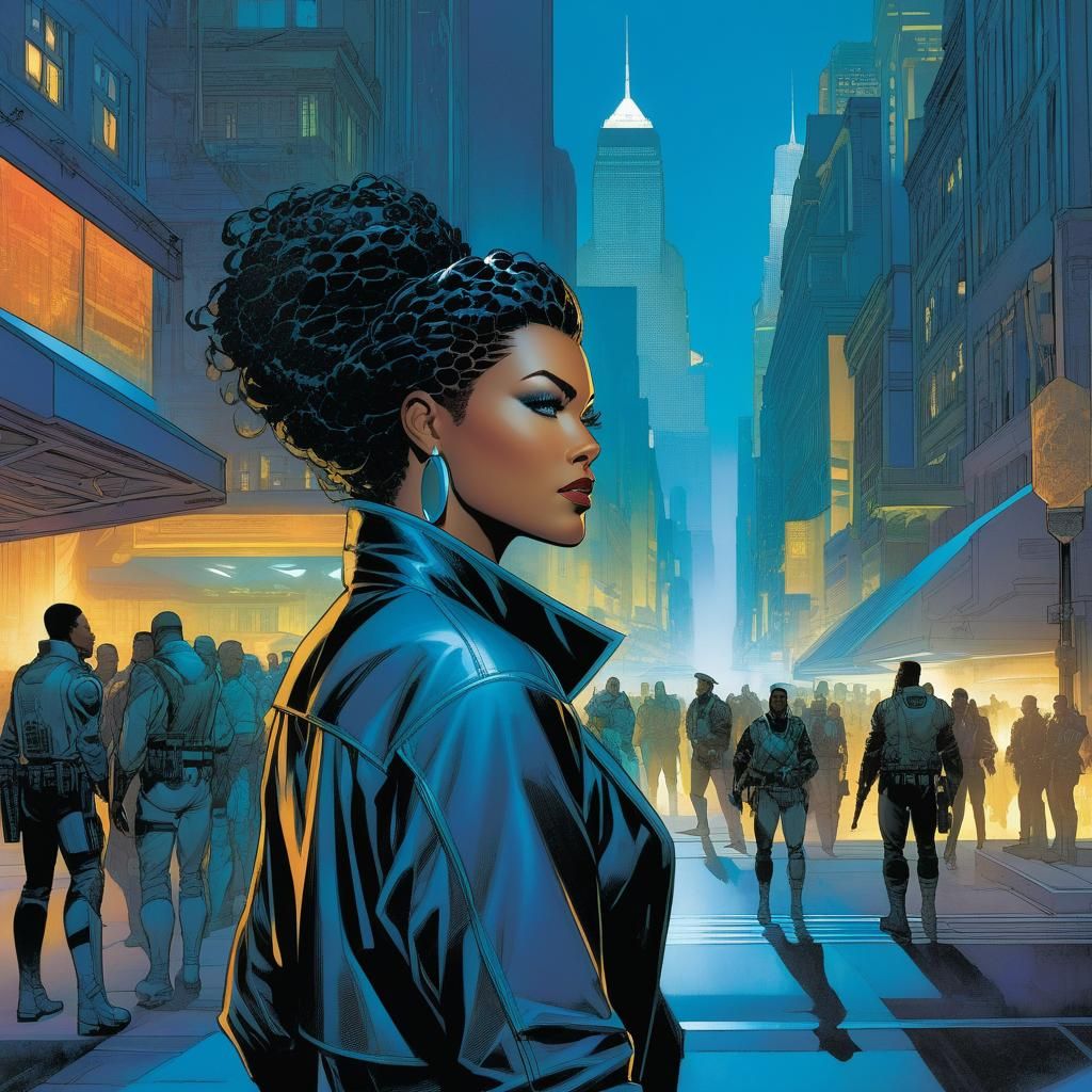a highly detailed illustration of a beautiful young women in city 2023, by Brian Stelfreeze,Albert Robida,Cory Loftis,An...