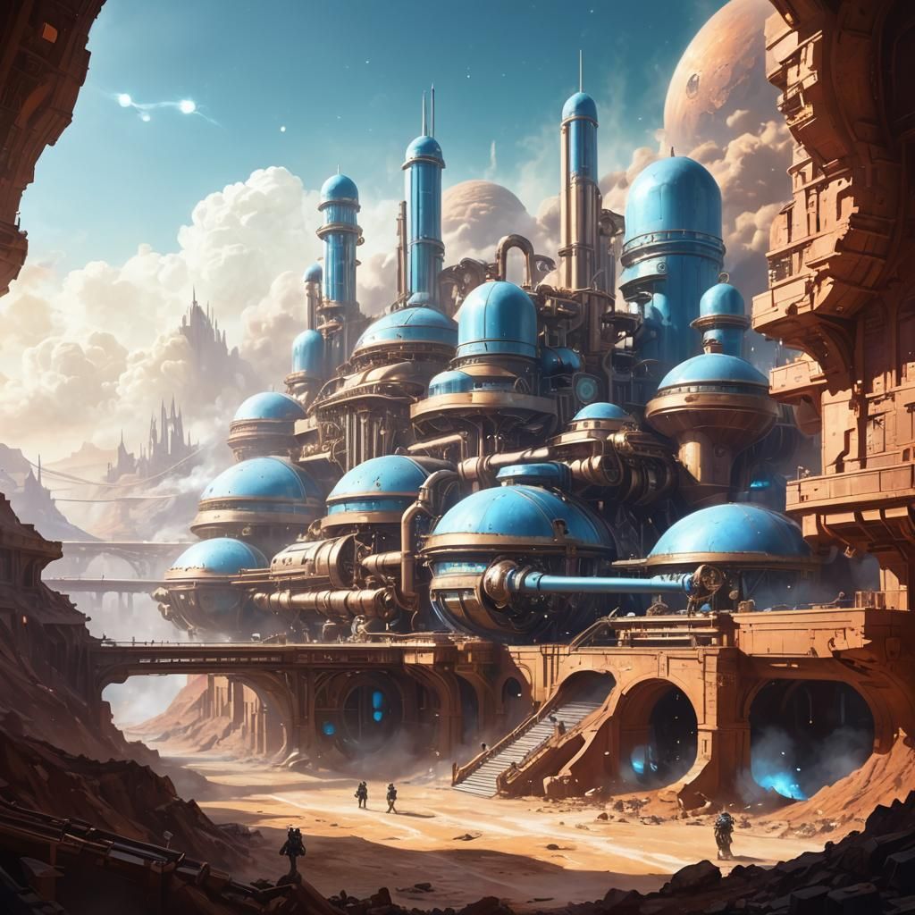 Steampunk Engine Over Martian Cityscape