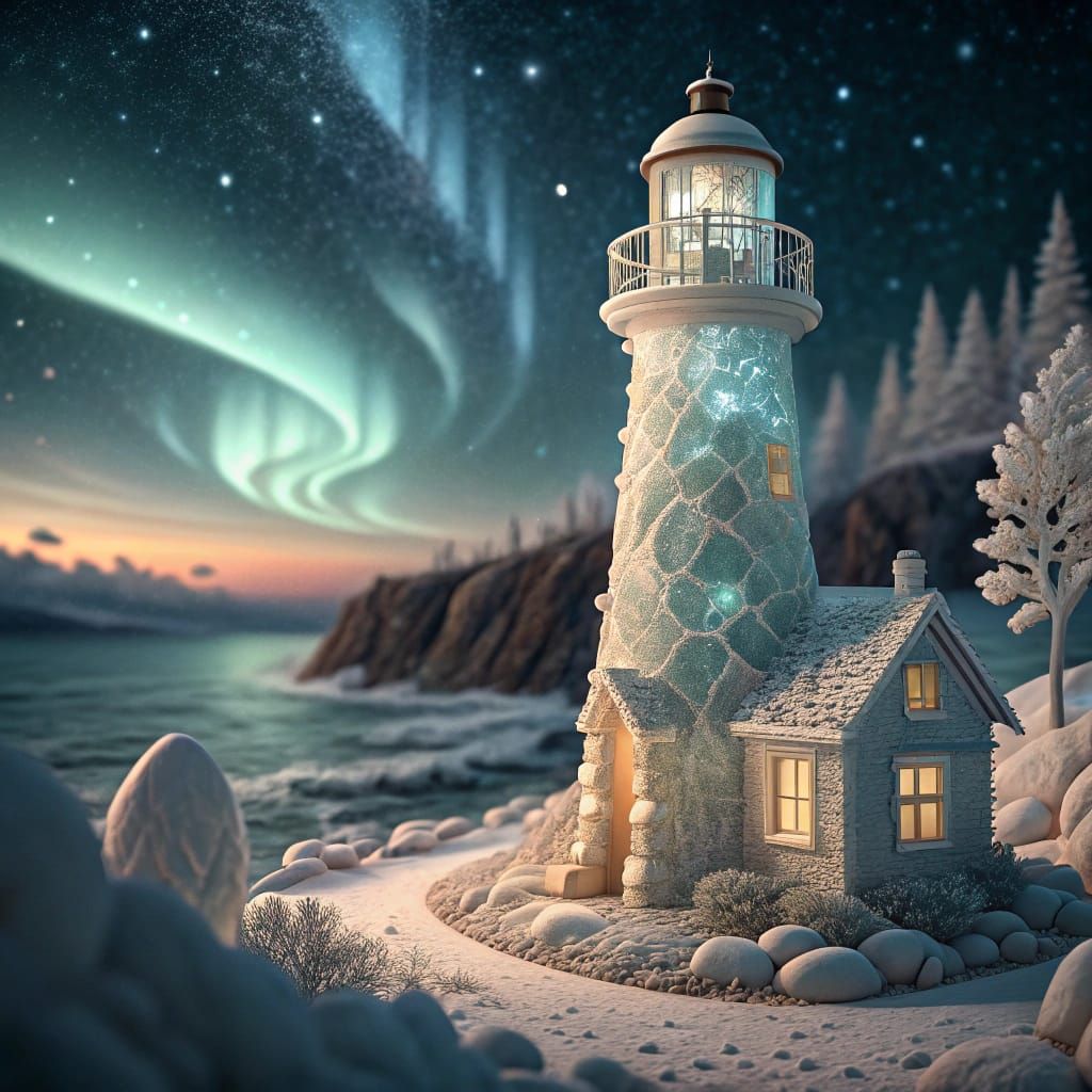 Frosted Sea Glass Lighthouse Beams Light Under Northern Ligh...
