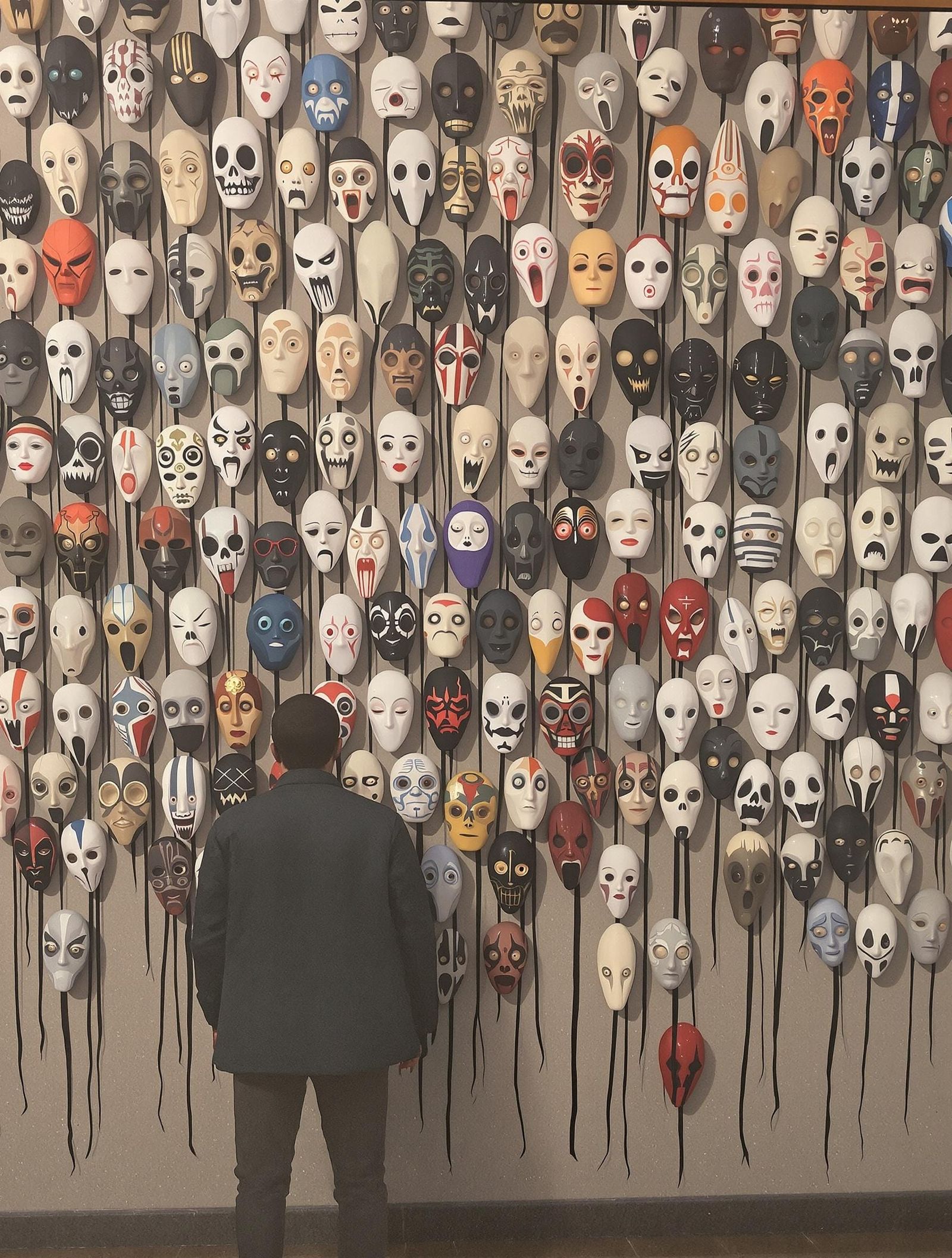 Eerie Japanese Masks in a Hopper-Inspired Painting