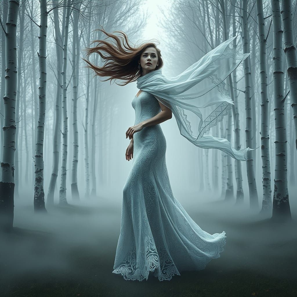 Ethereal Woman in Majestic White Gown Amidst Misty Birch For...