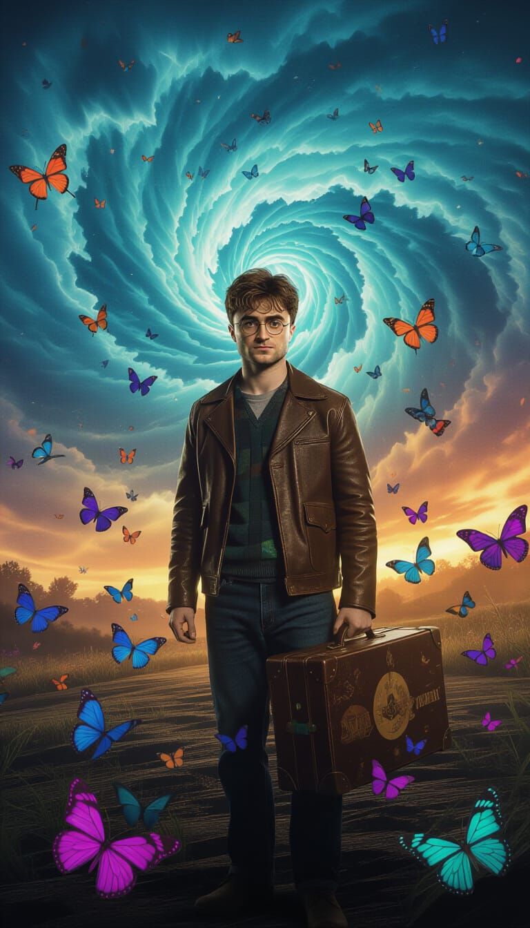 Man in Butterfly Tornado: Vivid Cinematic Illustration