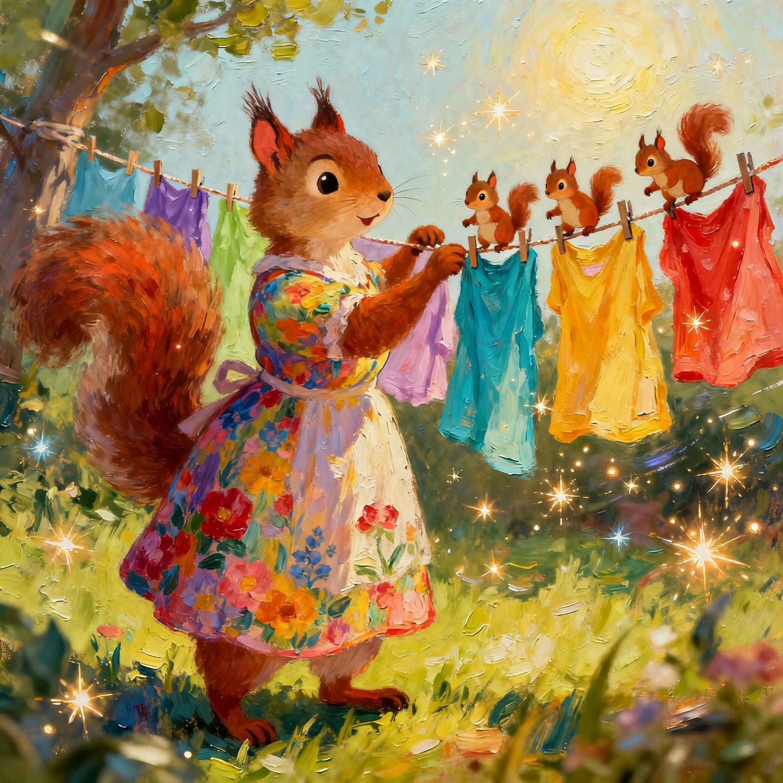 Mother Squirrel Hanging Laundry in Magical Storybook Style