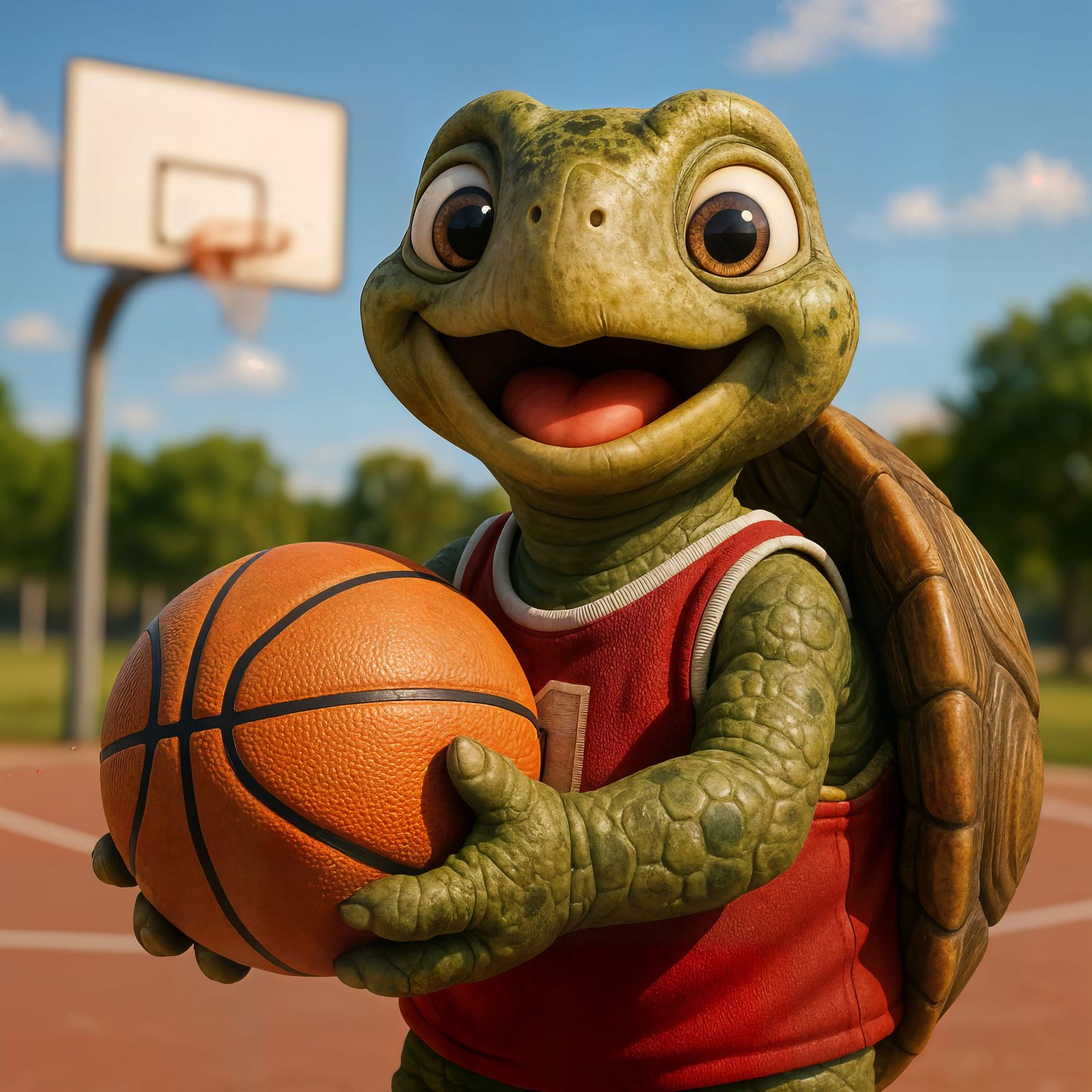 Adorable Turtle Plays Basketball on Sunny Court