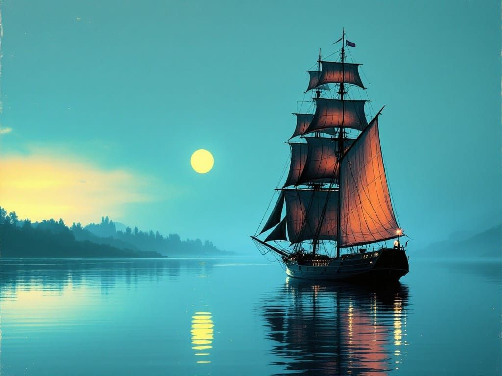 Silent Sailing Ship in Screen-Printed Elegance