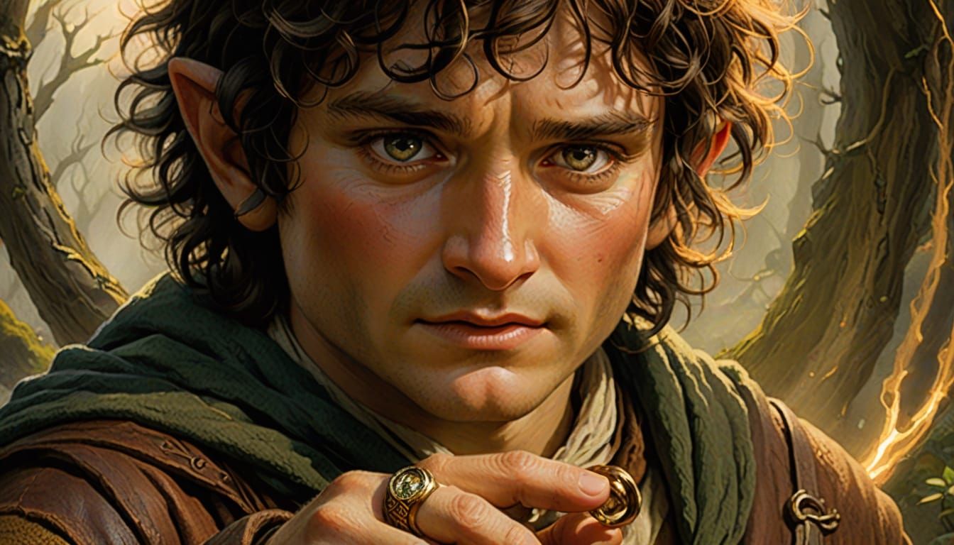 Frodo Holding Ring in The Shire: Fantasy Art
