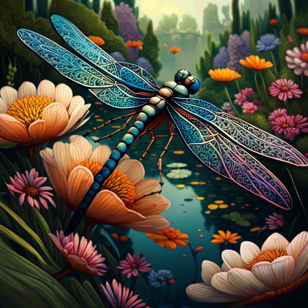 Detailed Dragonfly in Flower Garden, Zentangle Art