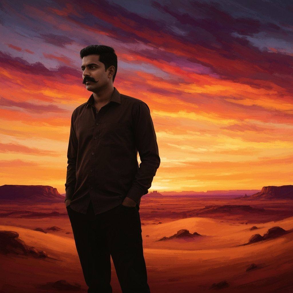 Desert Silhouette Sunset in Impressionistic Style