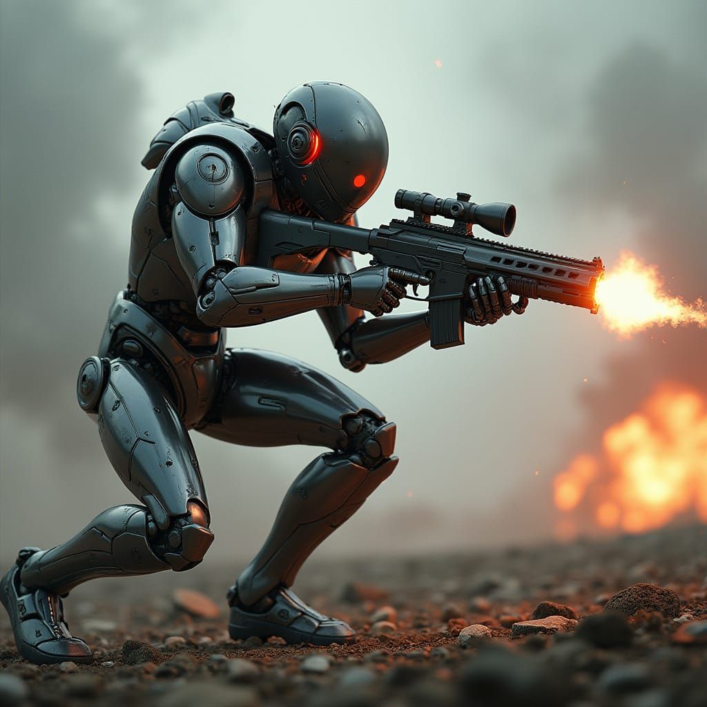 Chrome Robot Aims Plasma Rifle on Battlefield