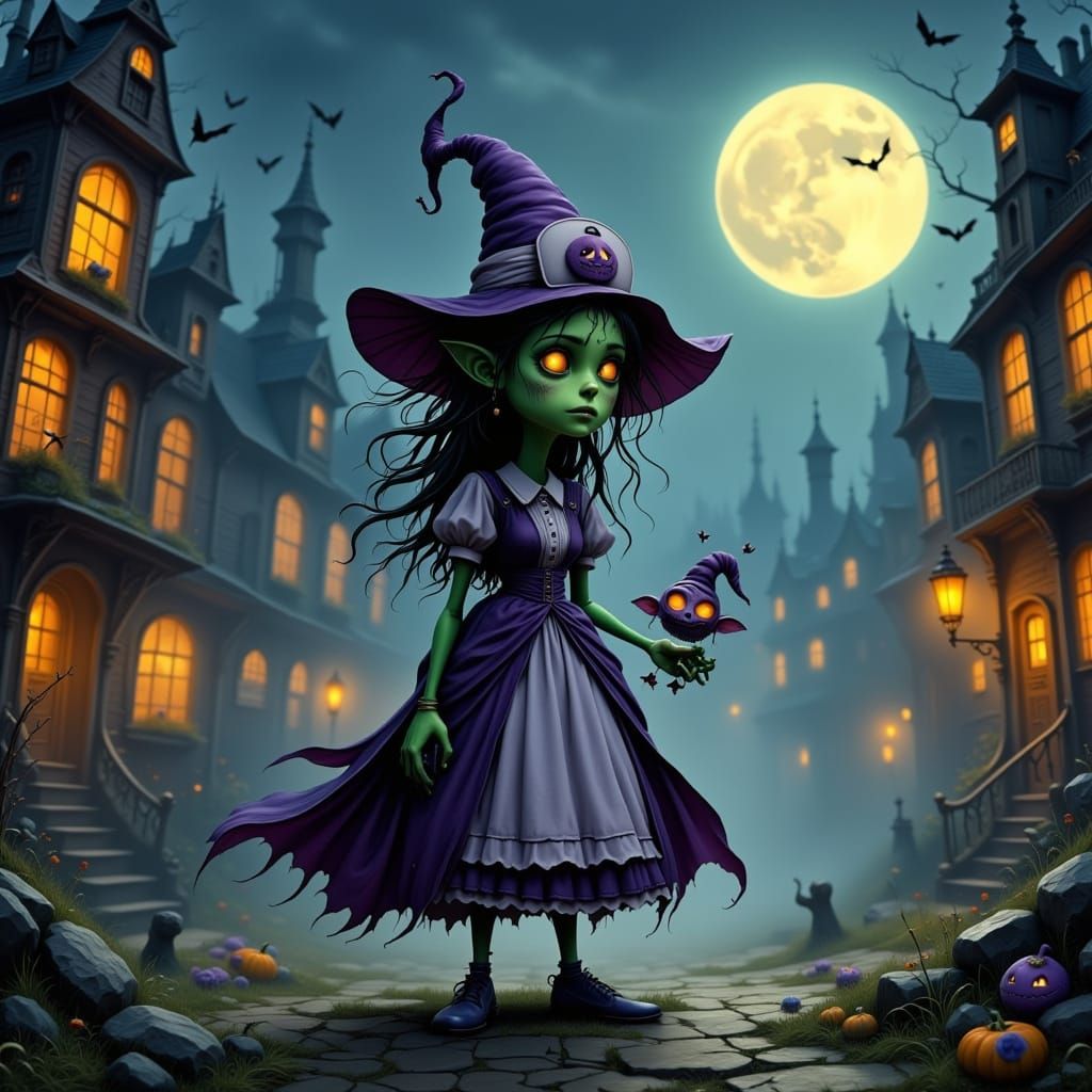 Wicked Witch Nurse in Moonlit Gothic Town