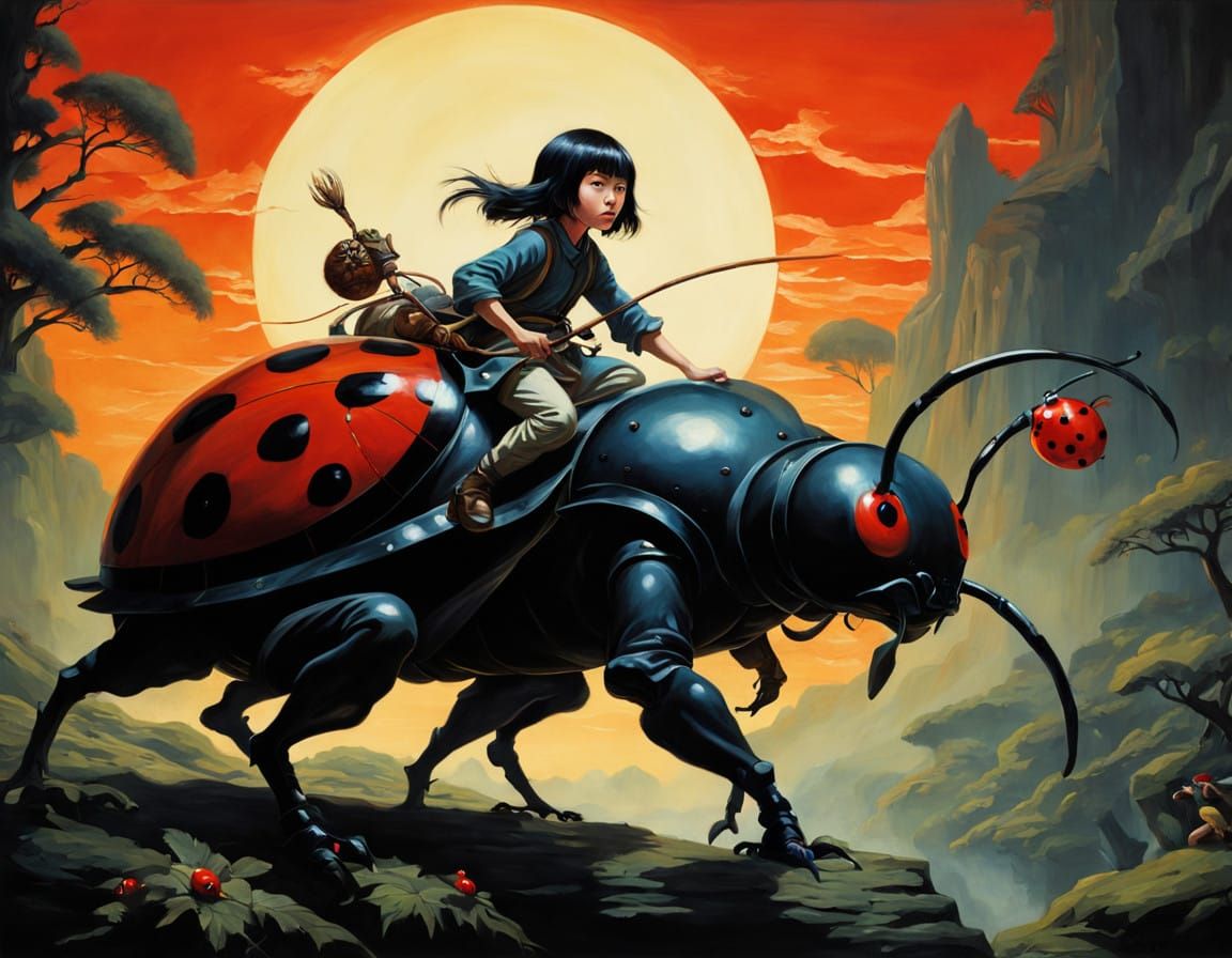 Fantasy Rogue Rides Giant Ladybug Amidst Pyroclastic Chaos i...