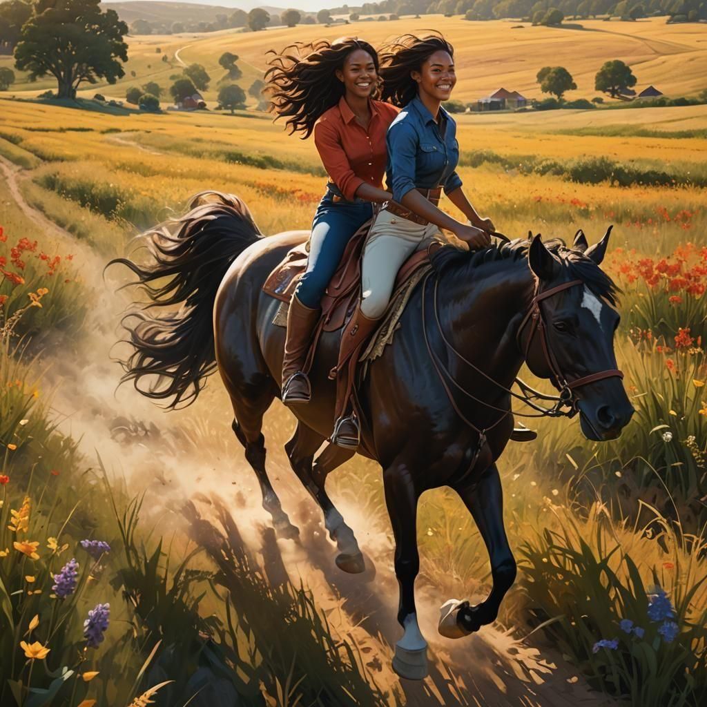 Smiling Woman Rides Horse in Hyperrealistic Splash Art