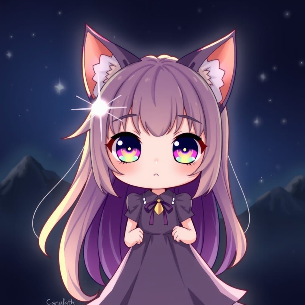 Rainbow Catgirl in Chibi Style with Cat Ears