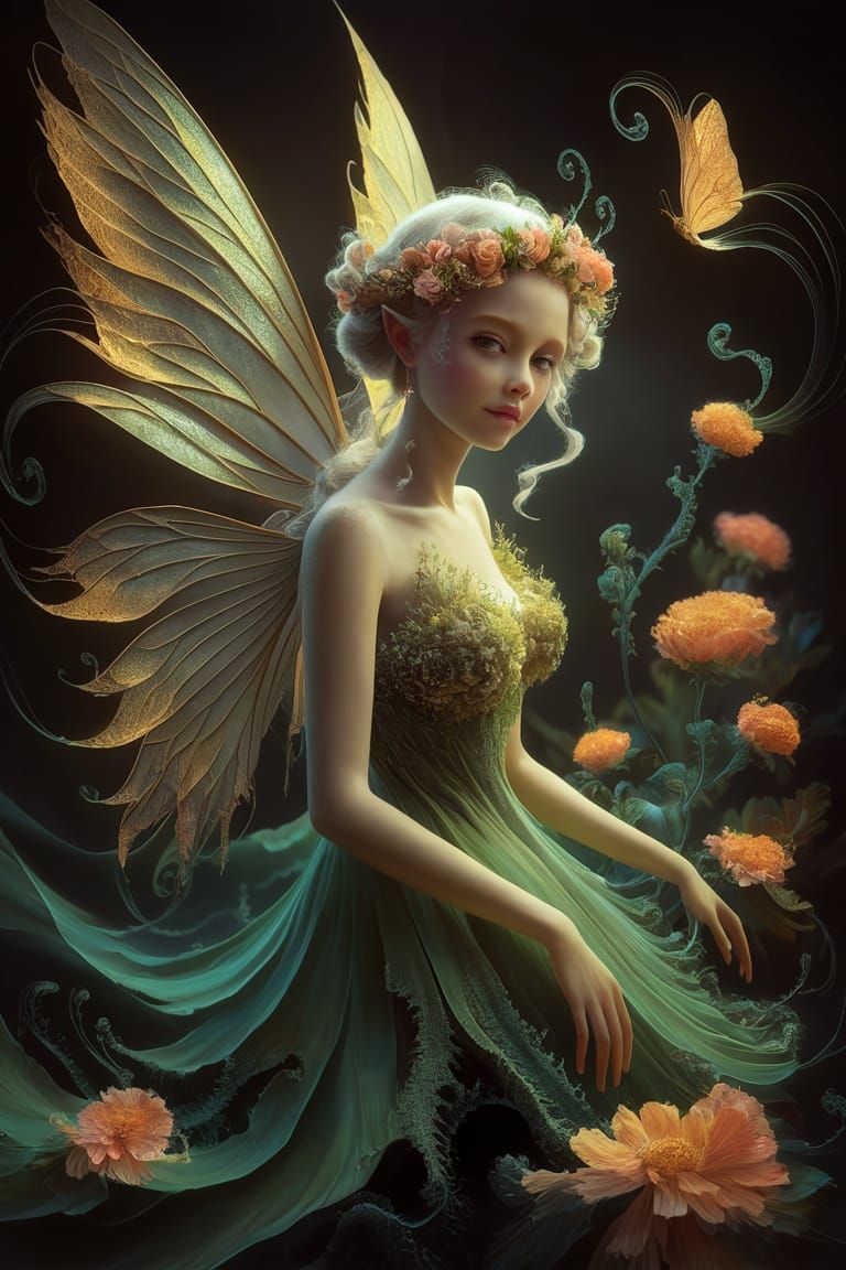 Fantasy Fairy Portrait with Golden Wings in 3D