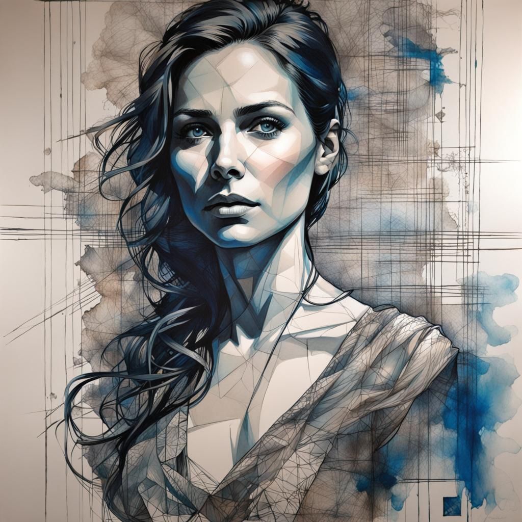 Crosshatched Portrait of Woman in Mixed Media Style