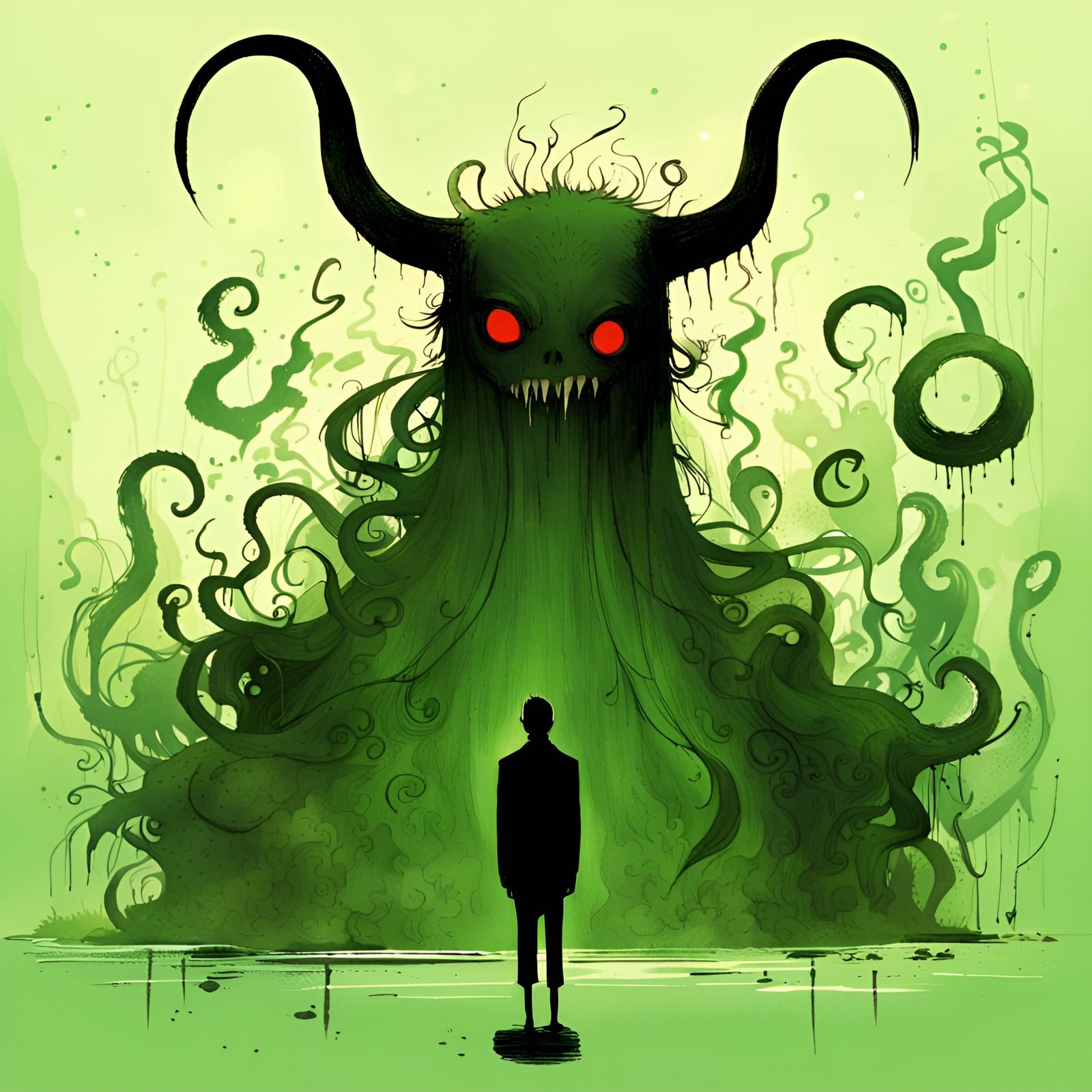 Shadow Monster with Horns in Lovecraftian Horror Style