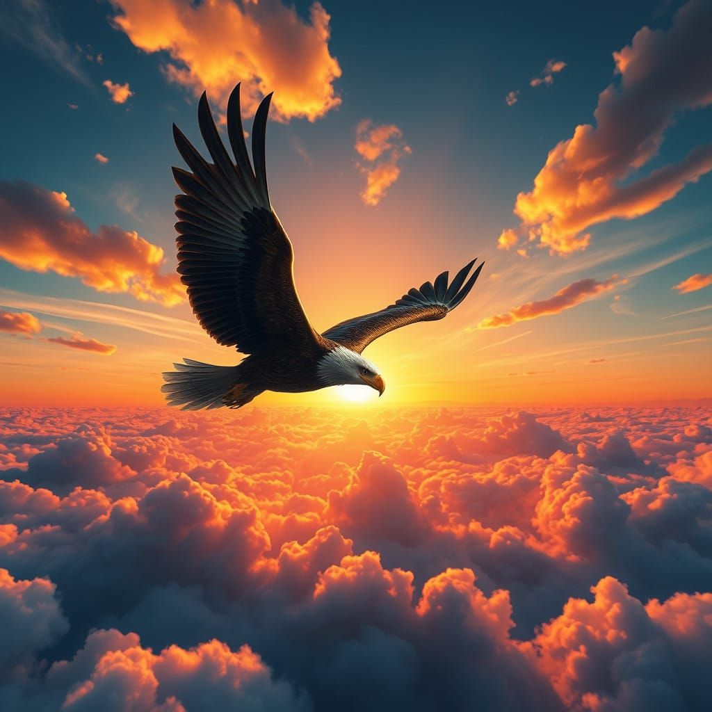 Eagle Soars Through Dreamlike Sunrise Skies