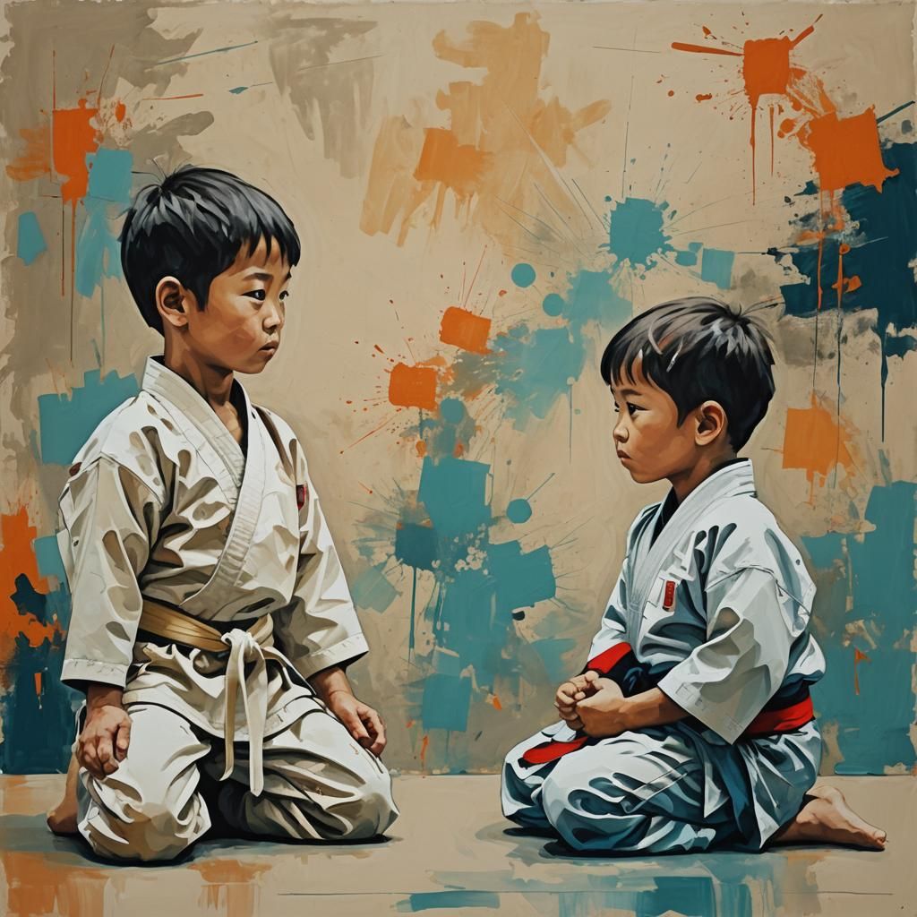 Child Observes Martial Arts Sensei in Abstract Art