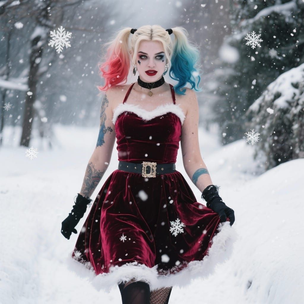 Harley Quinn in Velvet Christmas Dress Walking in Snow