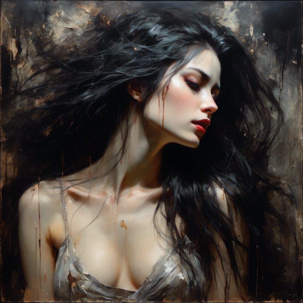 Gothic Noir: Beautiful Woman in Oil Painting Style