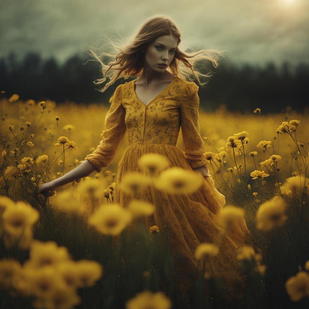 Yellow Flowers at Sunset in Double Exposure