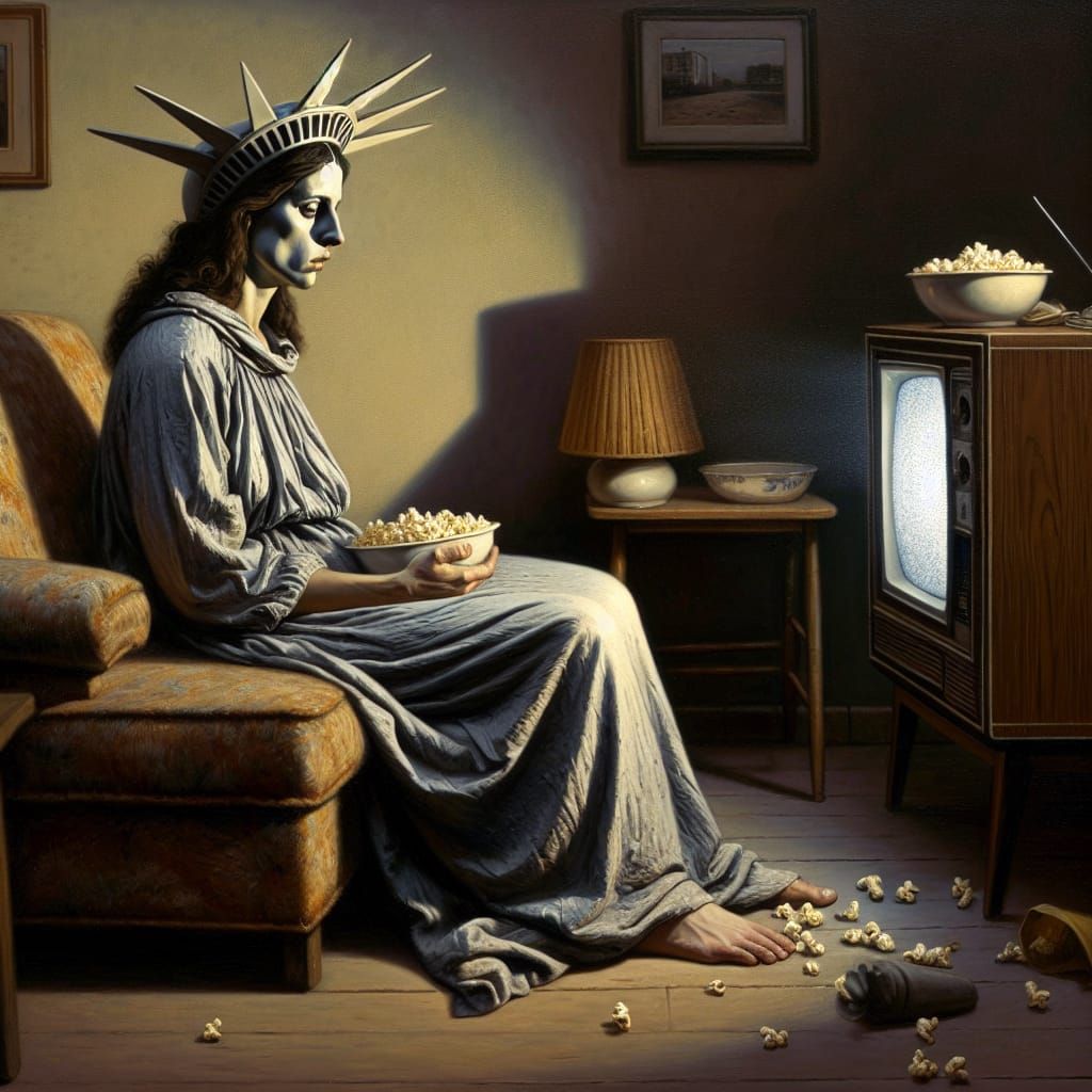 Liberty Slumped: A Melancholic Scene in Pierrot Style