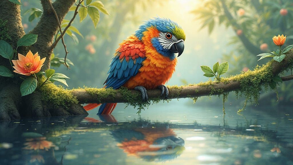 Exotic Bird Perched on a Mossy Jungle Branch in Whimsical Wa...