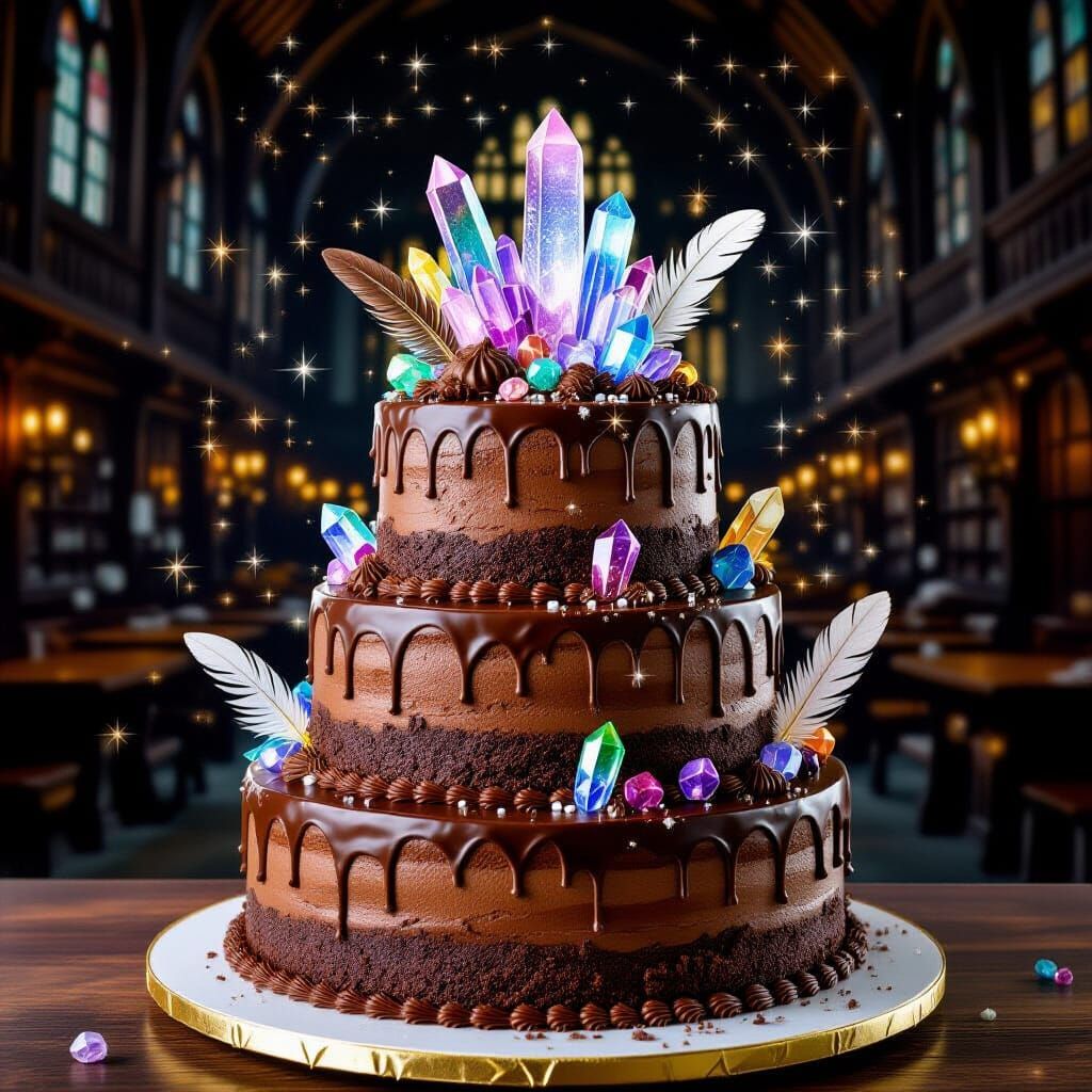 Magical Chocolate Cake with Crystals and Feathers
