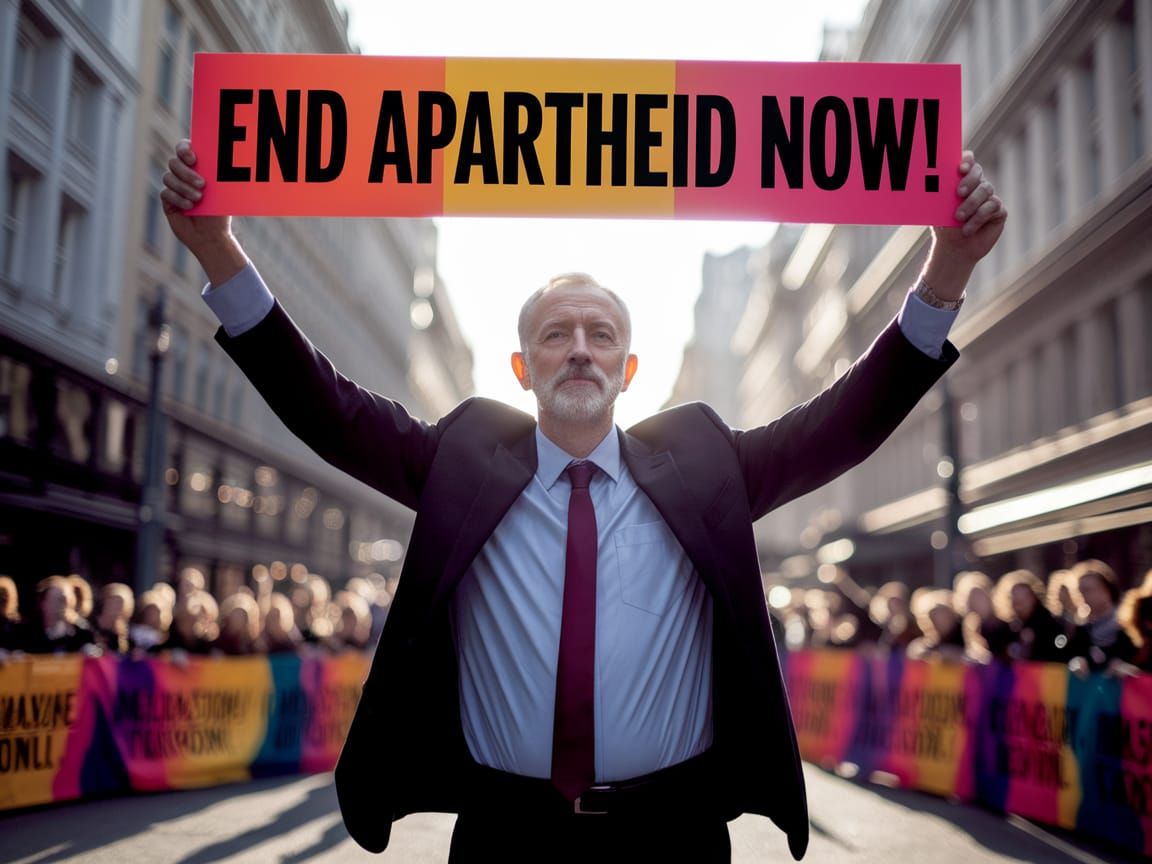 Jeremy Corbyn, in a suit and tie, carrying a banner that reads "End Apartheid now!"