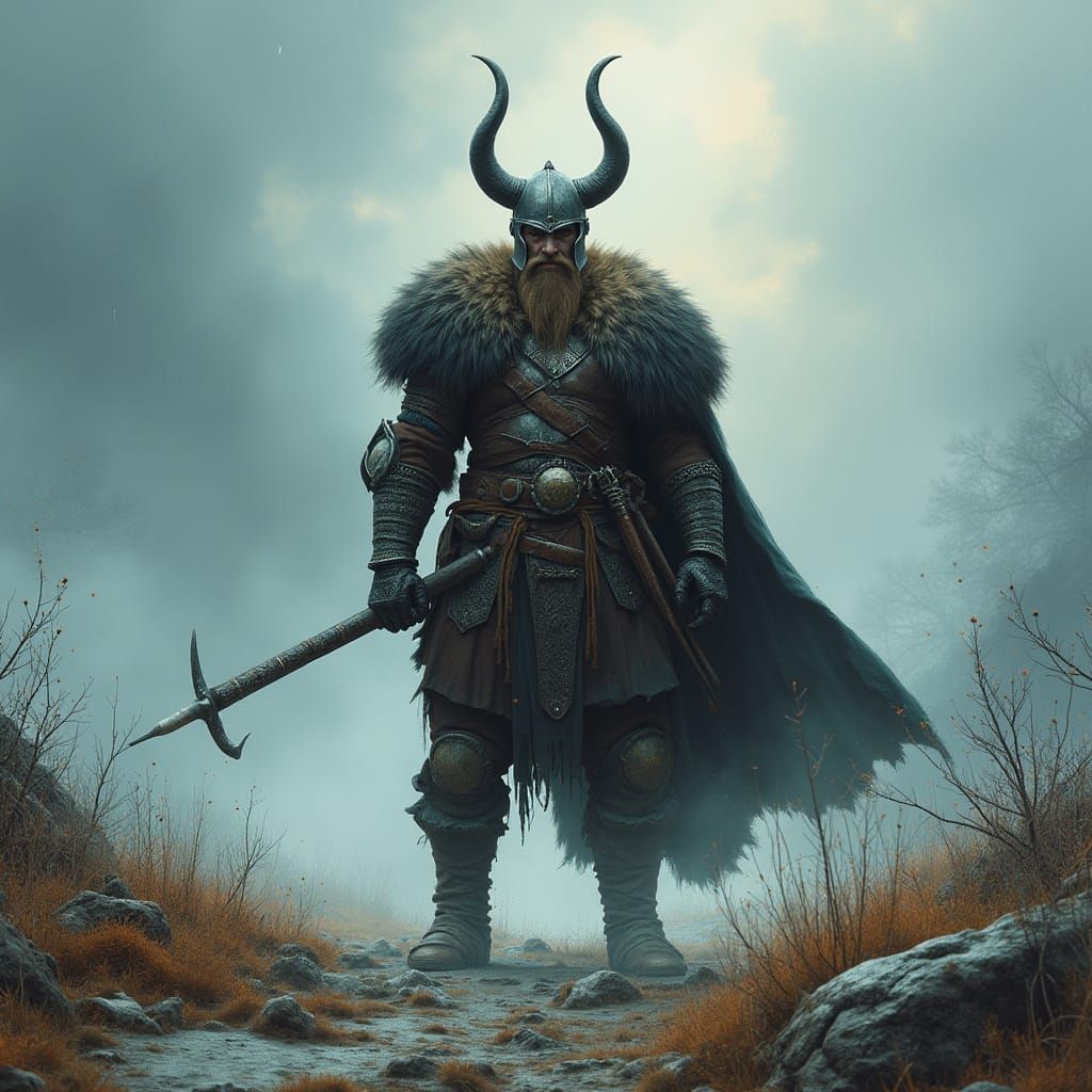 Viking Warrior on Nordic Battlefield in Fantasy Art Style
