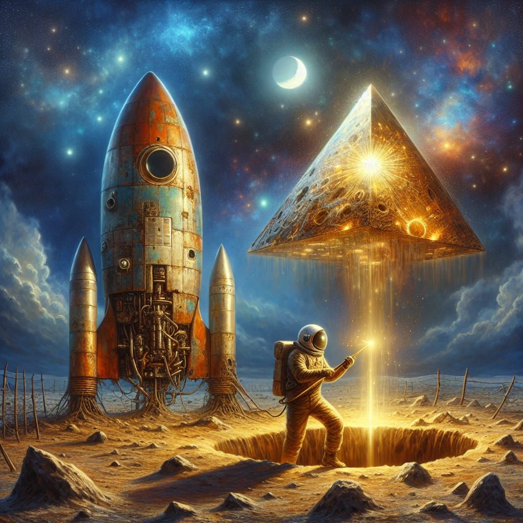 Astronaut Uncovers Glowing Pyramid in Sci-Fi Oil Painting