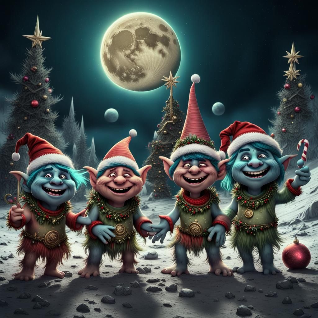 Three funny crazy trolls celebrating Christmas on the moon